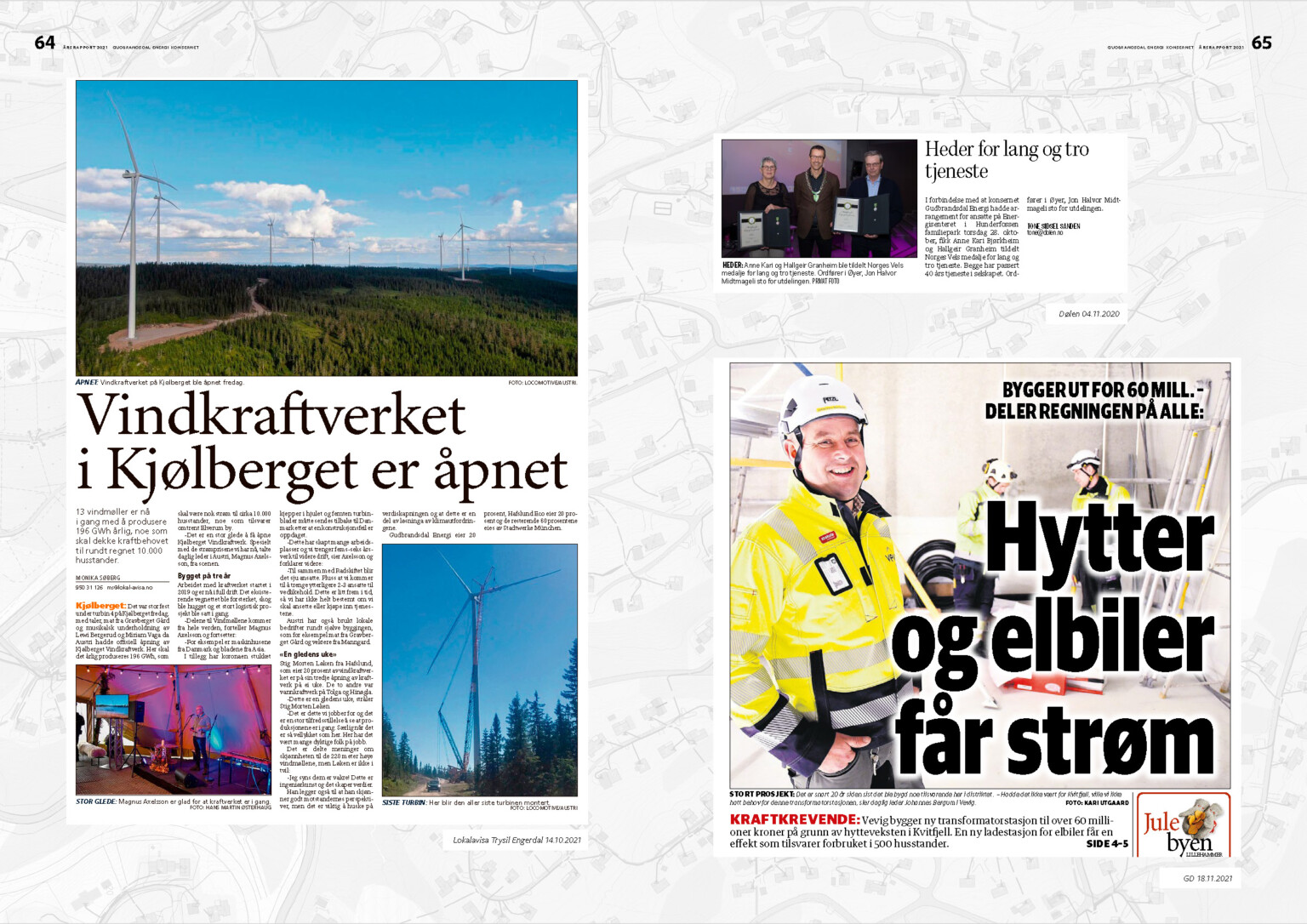 Oppslag med presseklipp fra årsrapporten 2021 for Gudbrandsdal Energi
