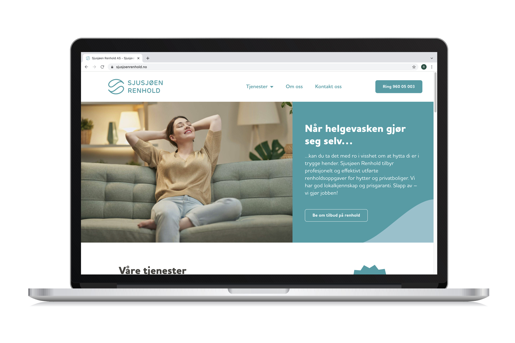 Nettsiden til Sjusjøen Renhold vist på bærbar PC