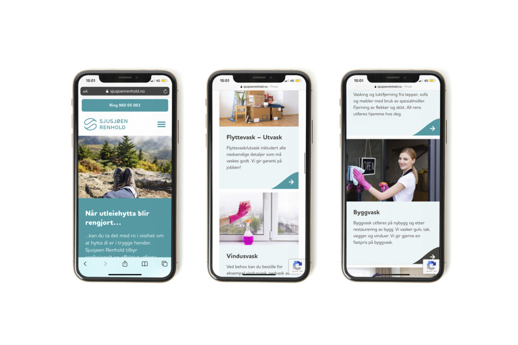 Nettsiden til Sjusjøen Renhold vist på tre mobiltelefoner
