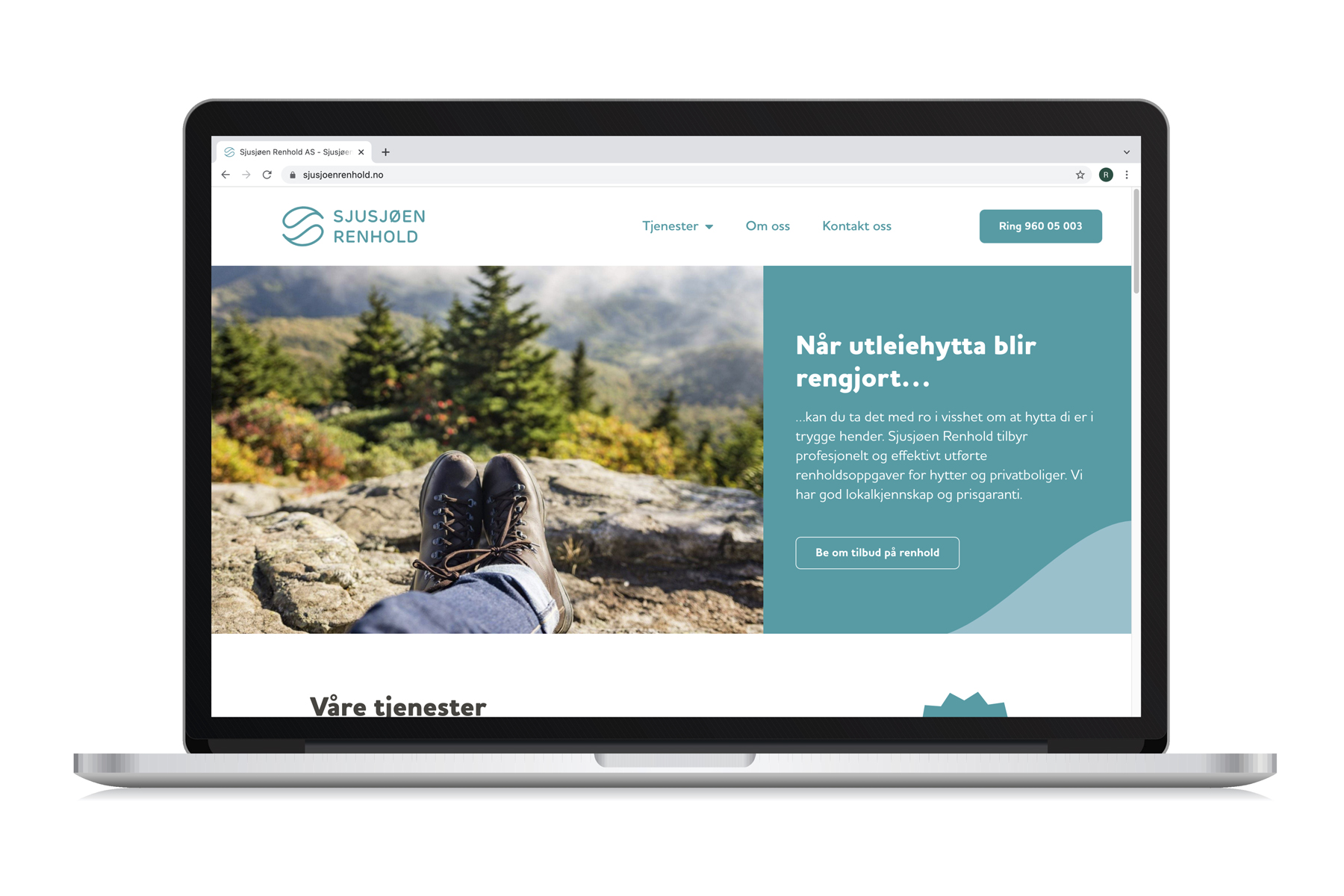 Nettsiden til Sjusjøen Renhold om renhold av utleiehytter vist på bærbar PC
