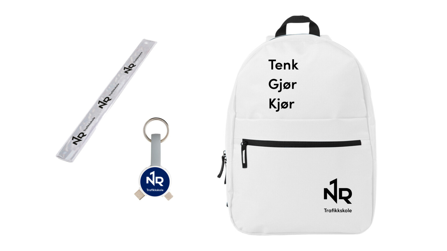 Refleks, nøkkelring og ryggsekk med logoen til NR1 Trafikkskole