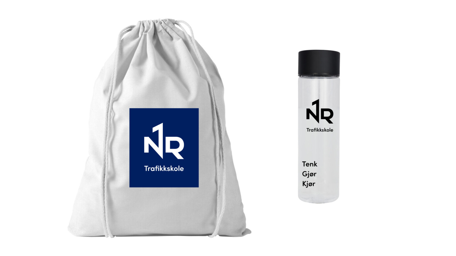 Gymbag og drikkeflaske med logoen til NR1 Trafikkskole