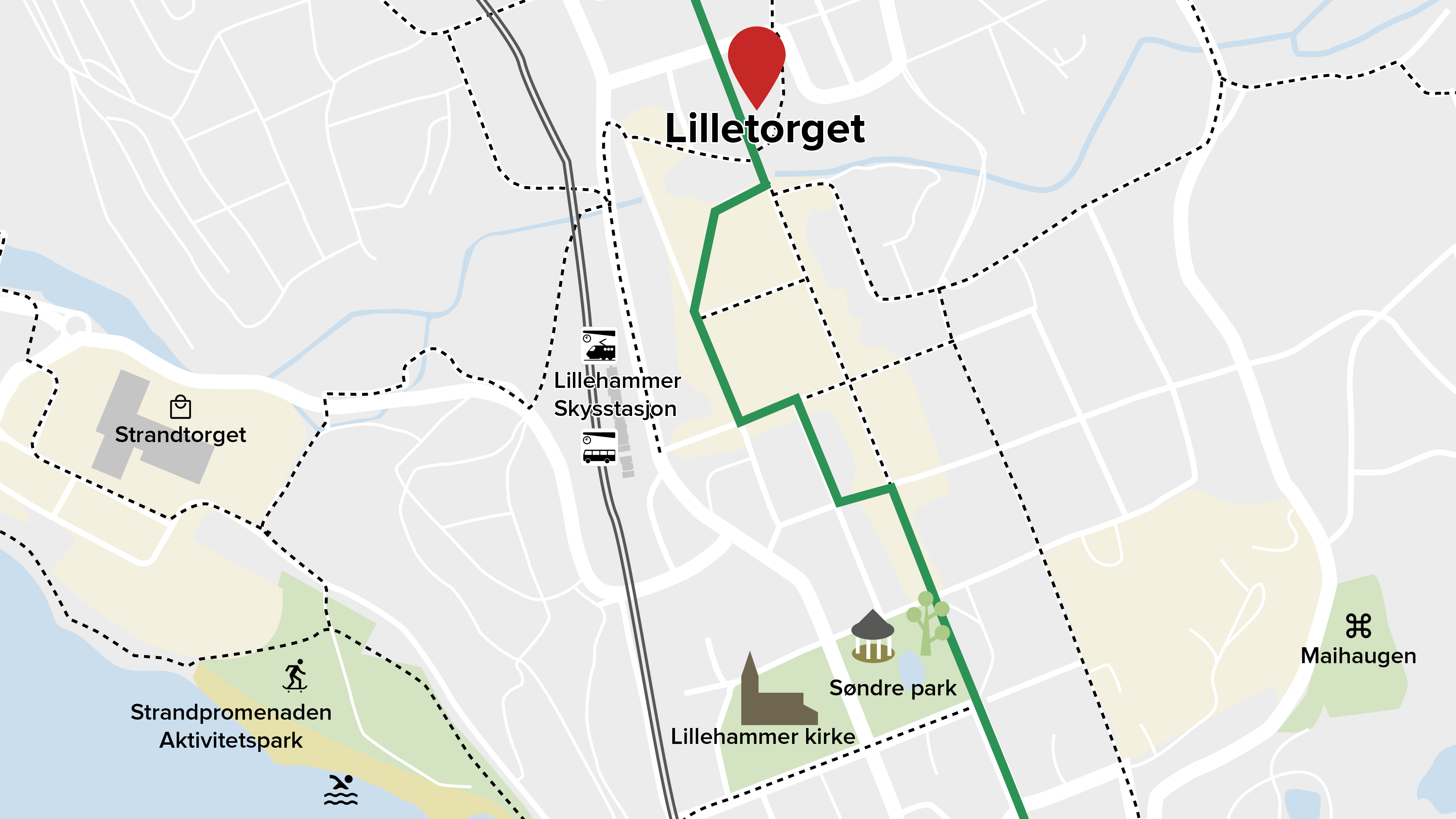 Kart over sykkelruten gjennom Lillehammer med Lilletorget markert