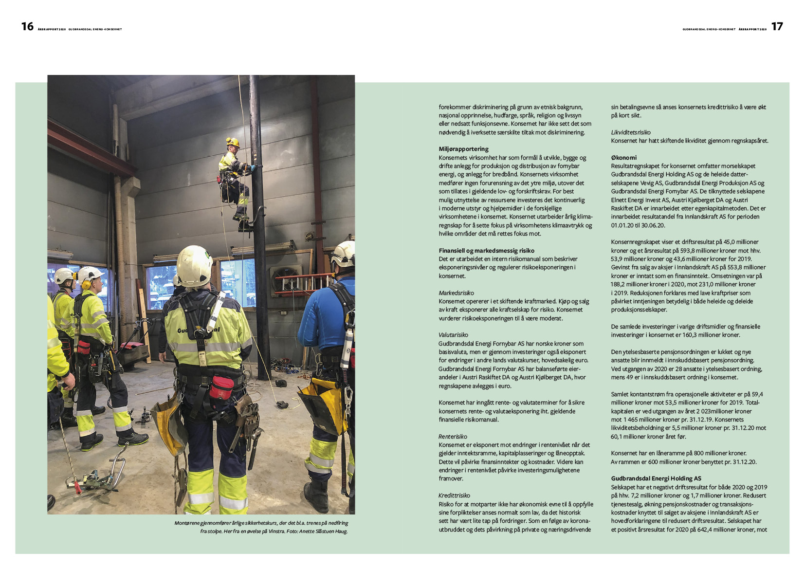 Oppslag med montører i arbeid fra årsrapporten 2020 for Gudbrandsdal Energi