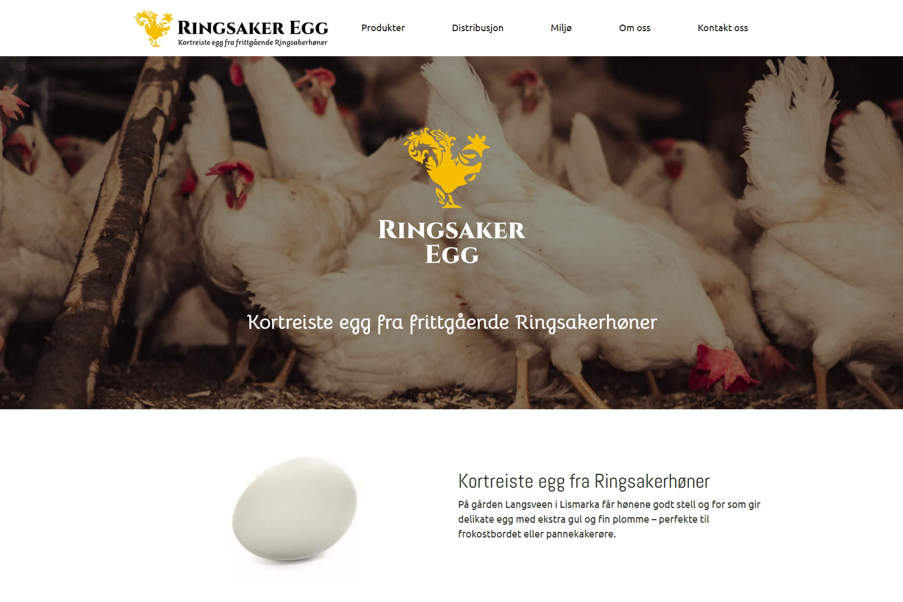Nettsiden til Ringsaker Egg med høner og logo