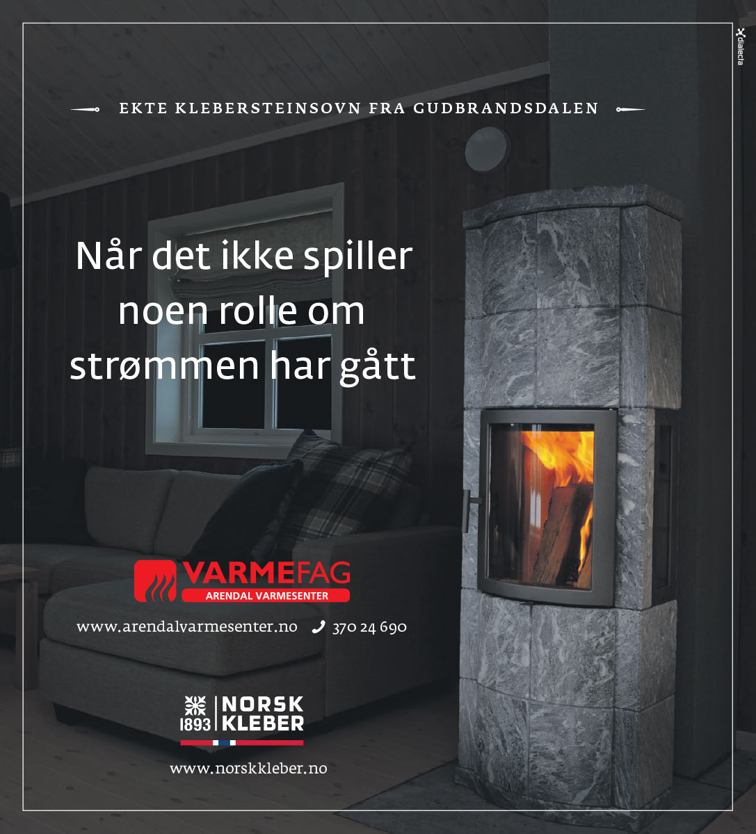Annonse for klebersteinsovn med budskapet Når det ikke spiller noen rolle om strømmen har gått
