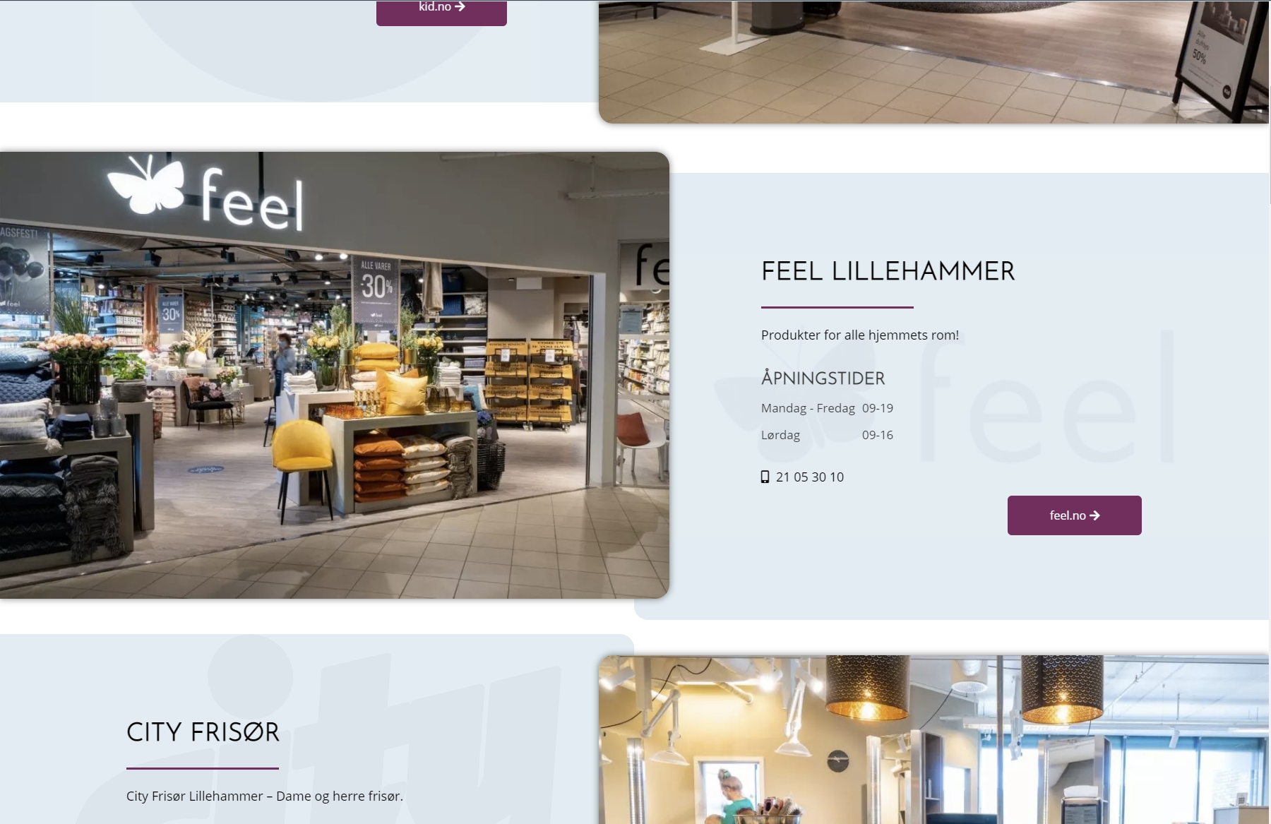 Nettsiden til Rosenlund Bydelssenter med butikkene Feel og City Frisør
