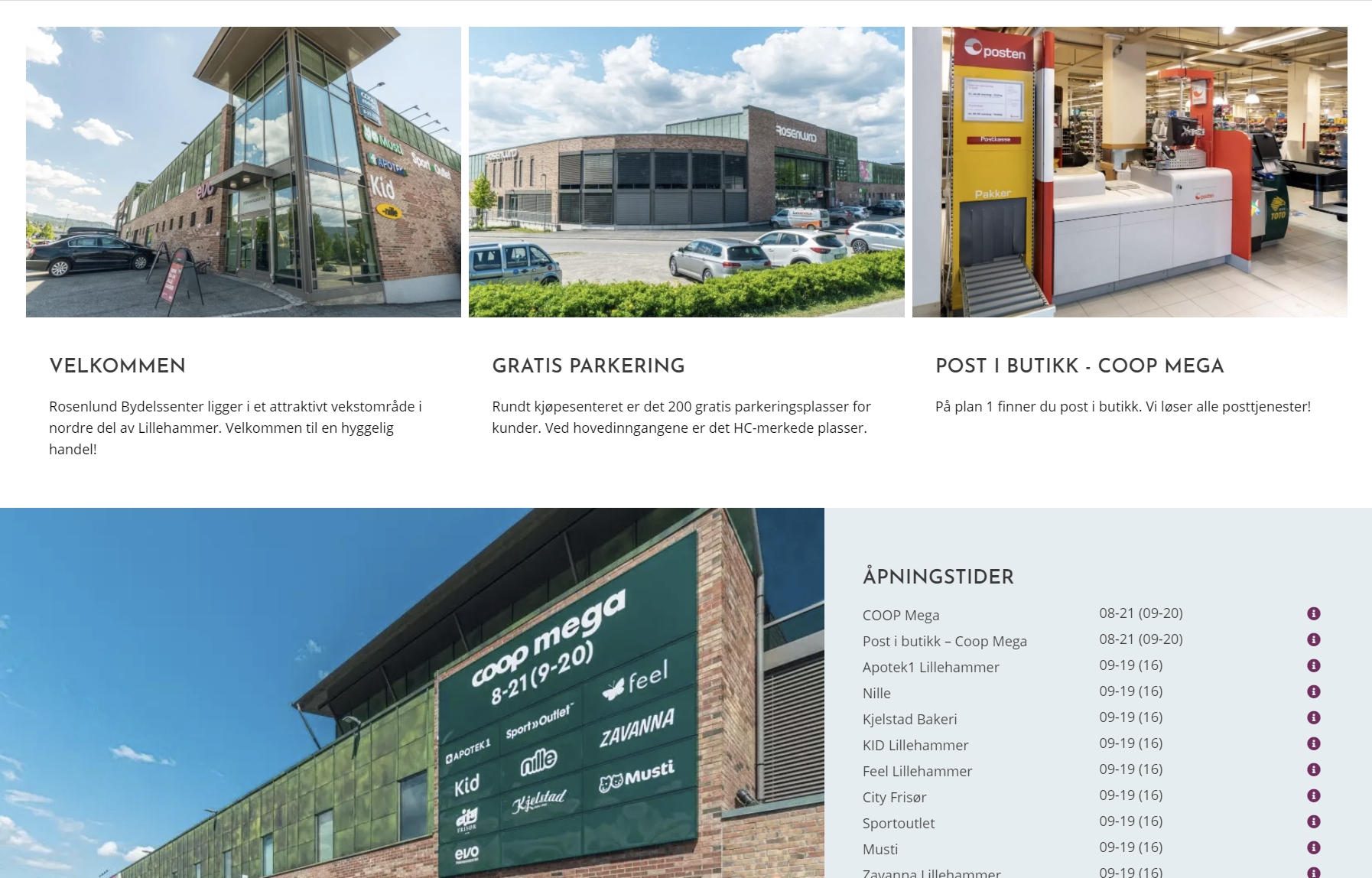 Nettsiden til Rosenlund Bydelssenter med åpningstider og parkering