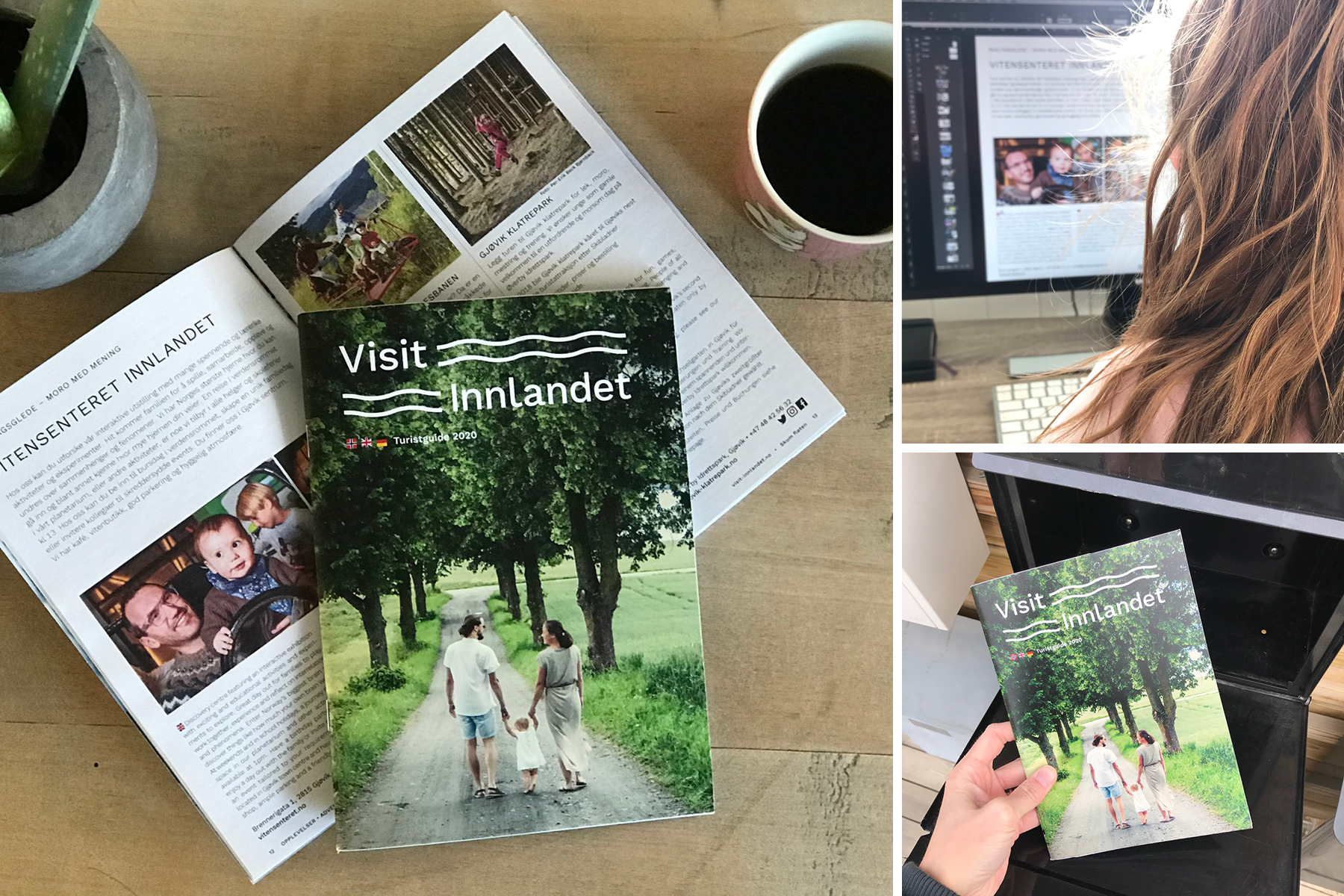 Turistguiden 2020 for Visit Innlandet på et bord og i hånden