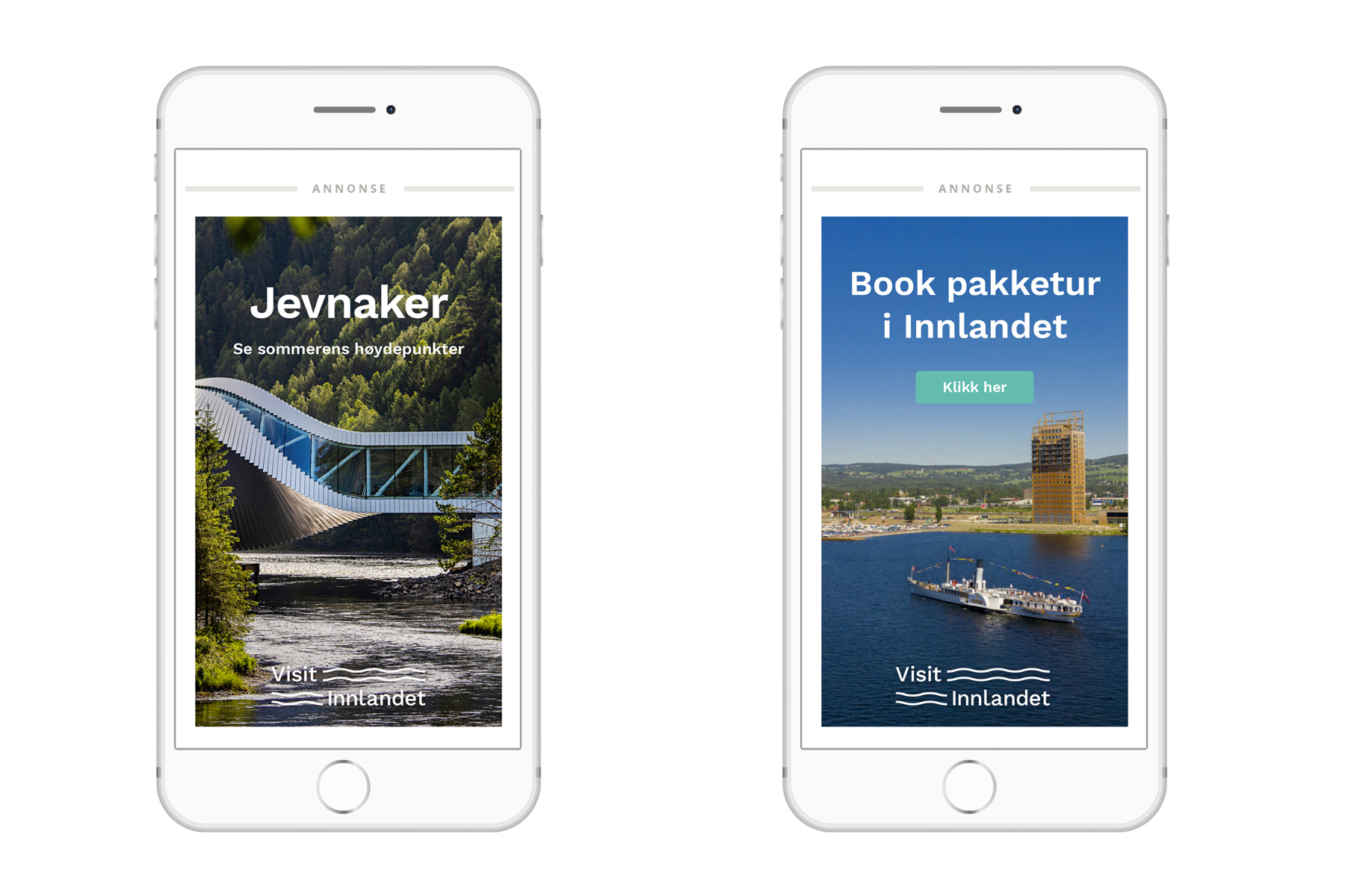 Mobilannonser for Jevnaker og pakketurer i turistguiden 2020 for Visit Innlandet