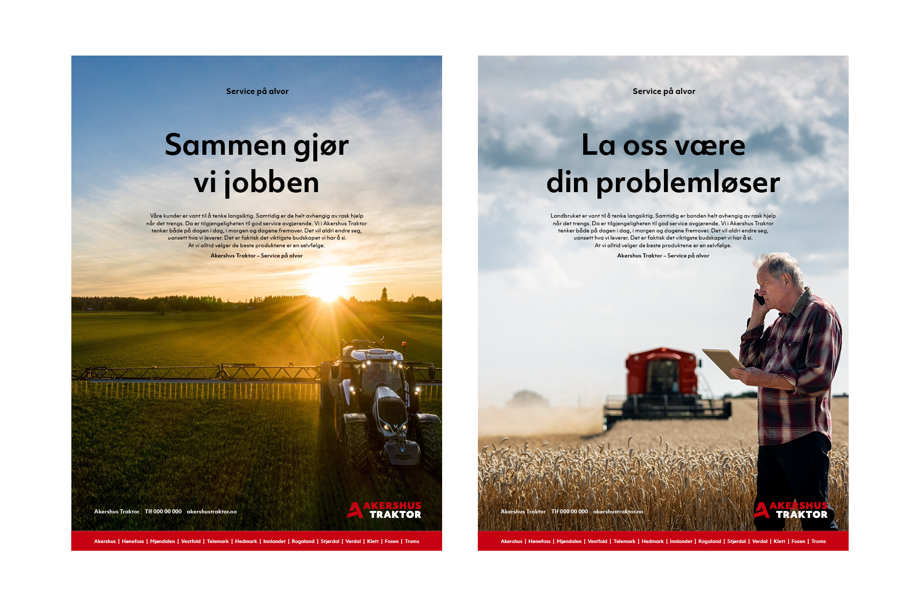 Annonser for Akershus Traktor med budskapene Sammen gjør vi jobben og La oss være din problemløser