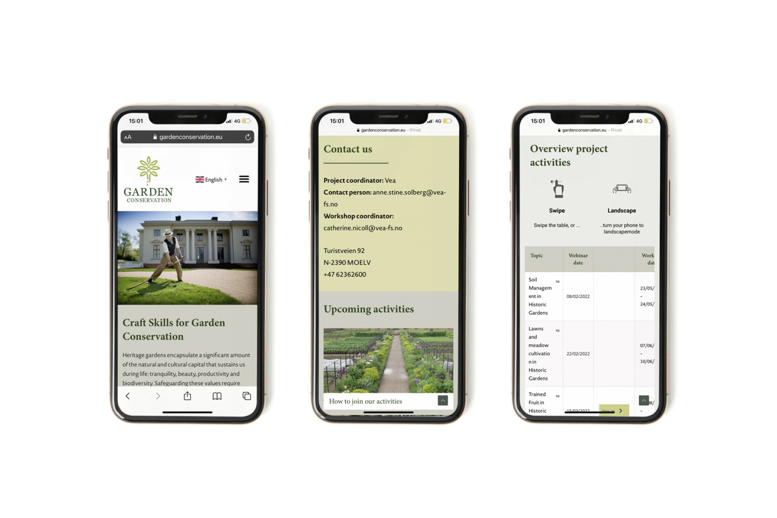 Nettsiden til Garden Conservation vist på tre mobiltelefoner