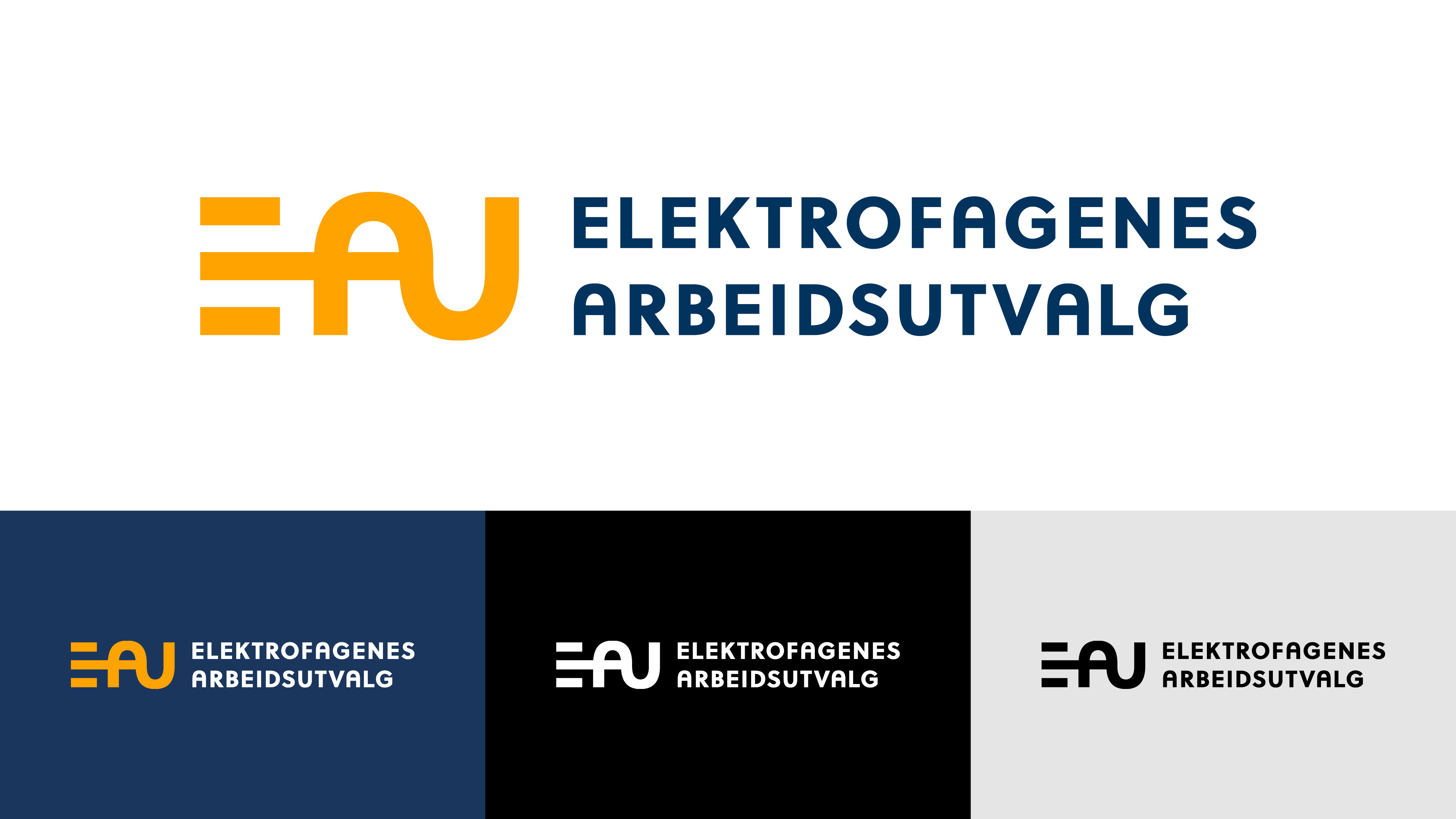 Liggende logo for Elektrofagenes Arbeidsutvalg i ulike fargevarianter