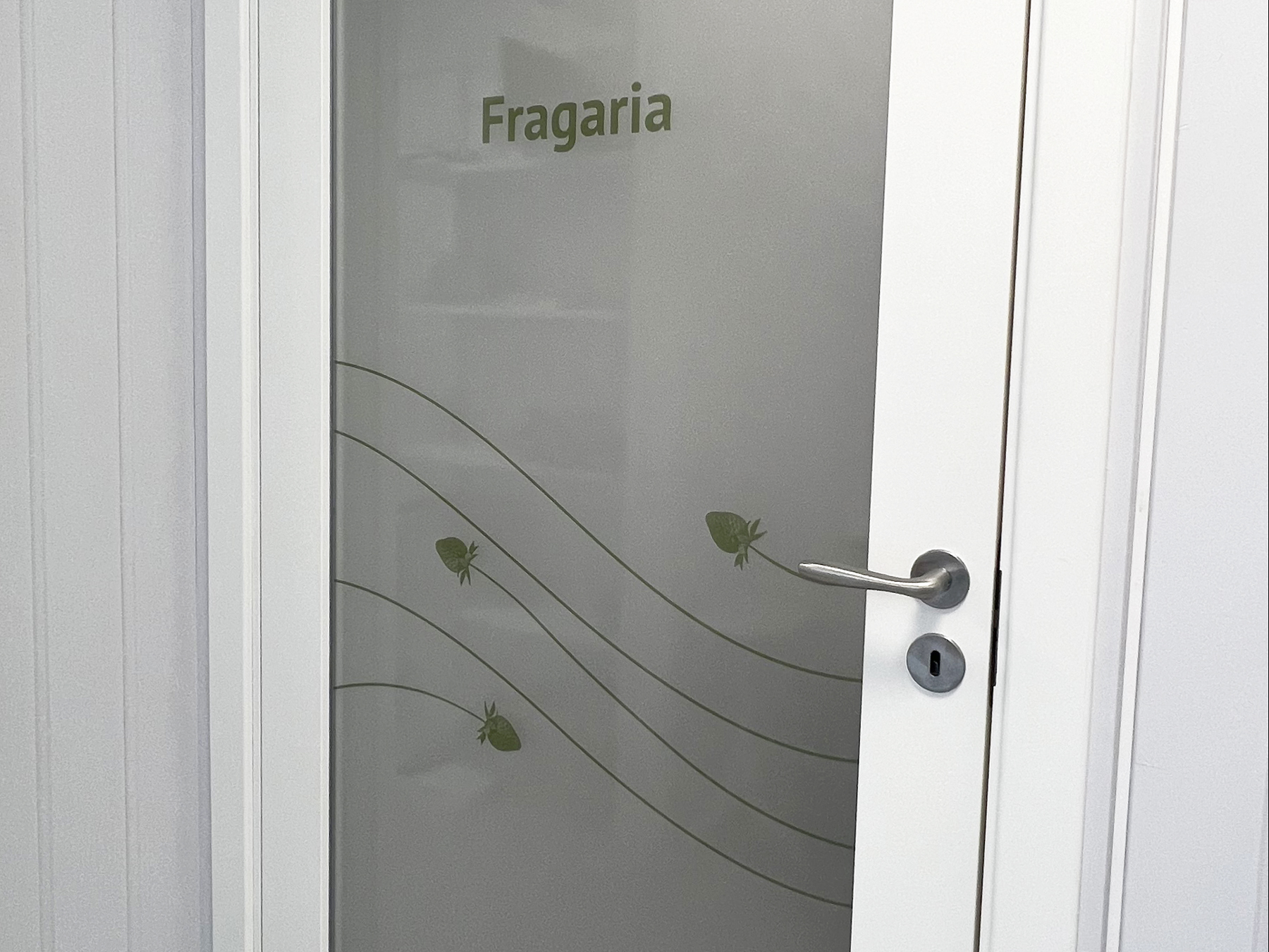 Glassdør med dekor og skilt for Fragaria hos Graminor