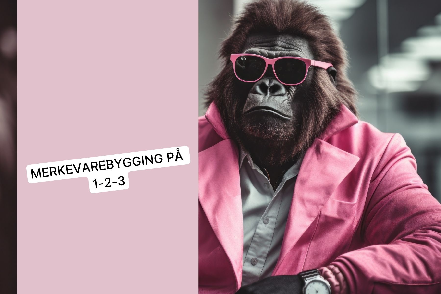 Gorilla i rosa jakke og solbriller med teksten Merkevarebygging på 1-2-3