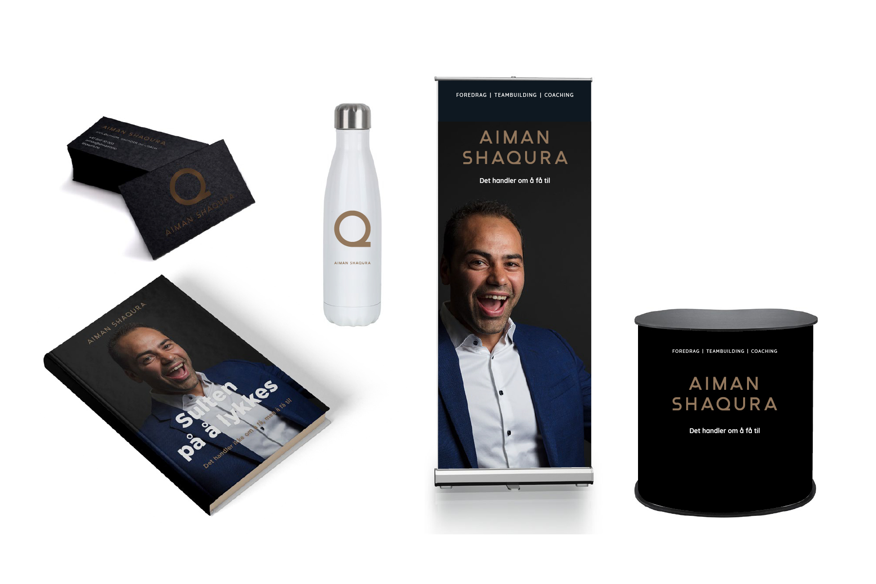 Bok, drikkeflaske, rollup og visittkort i profilen til Aiman Shaqura