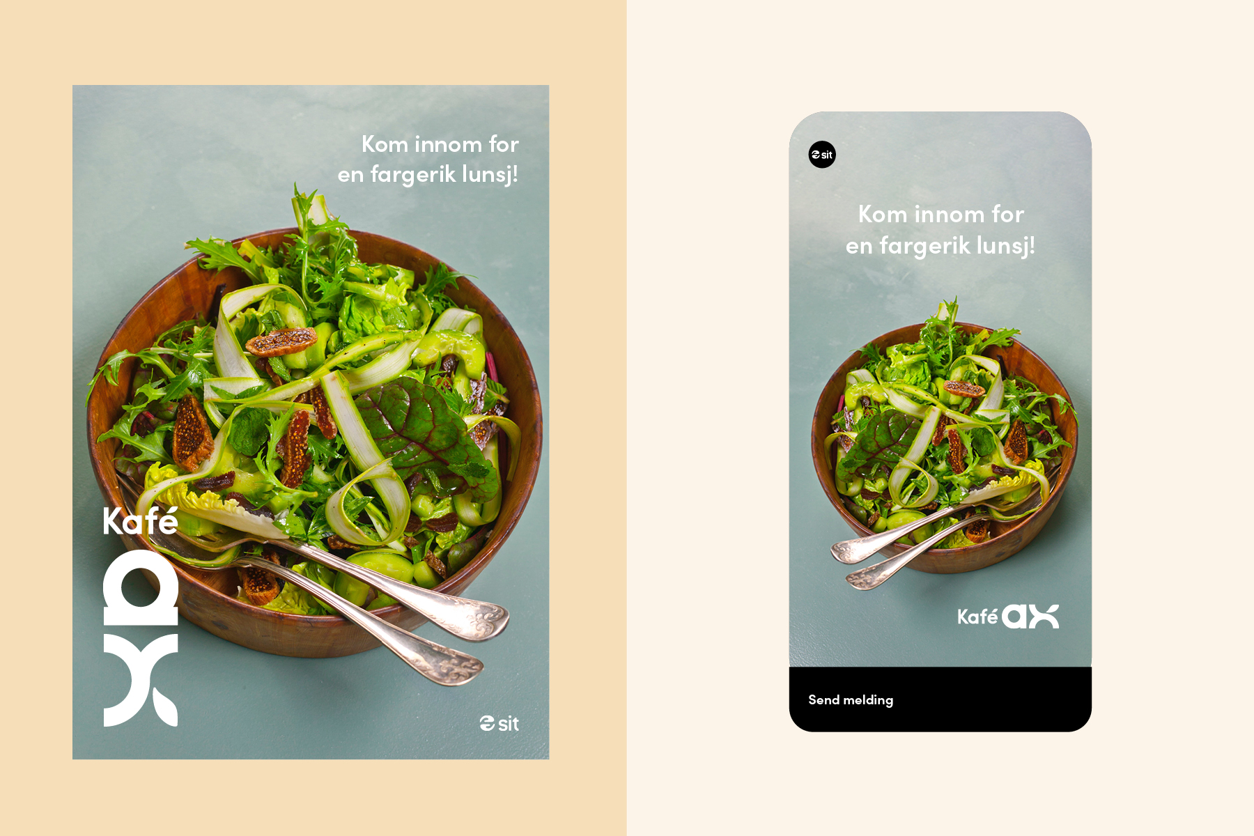 Plakat og mobilannonse for Kafé Ax med salat