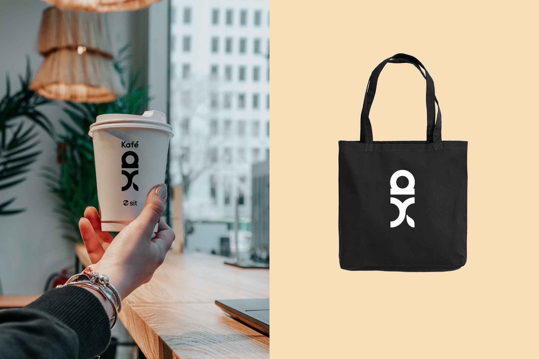 Kaffekopp og handlenett med logoen til Kafé Ax