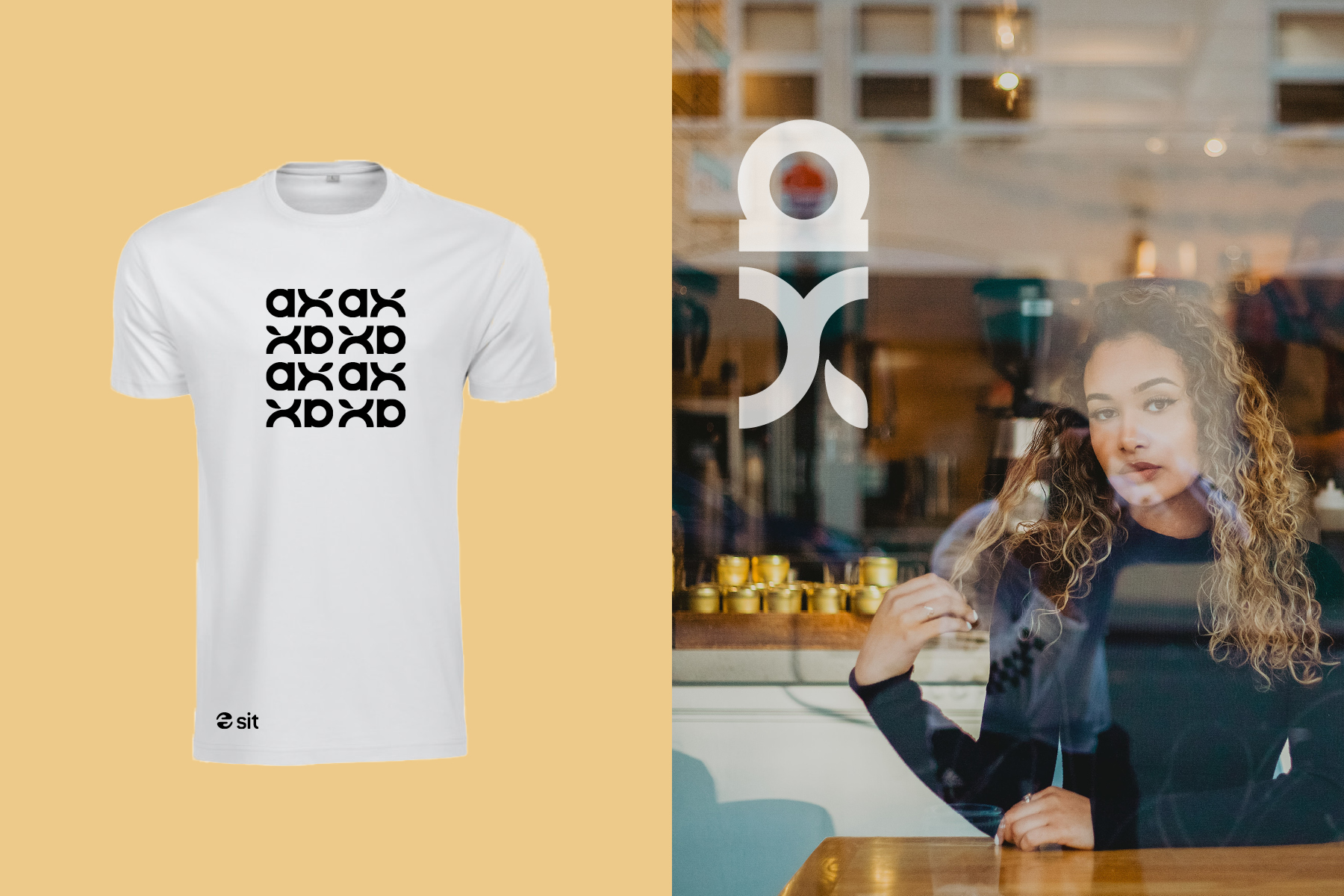 T-skjorte og vindusdekor med logoen til Kafé Ax