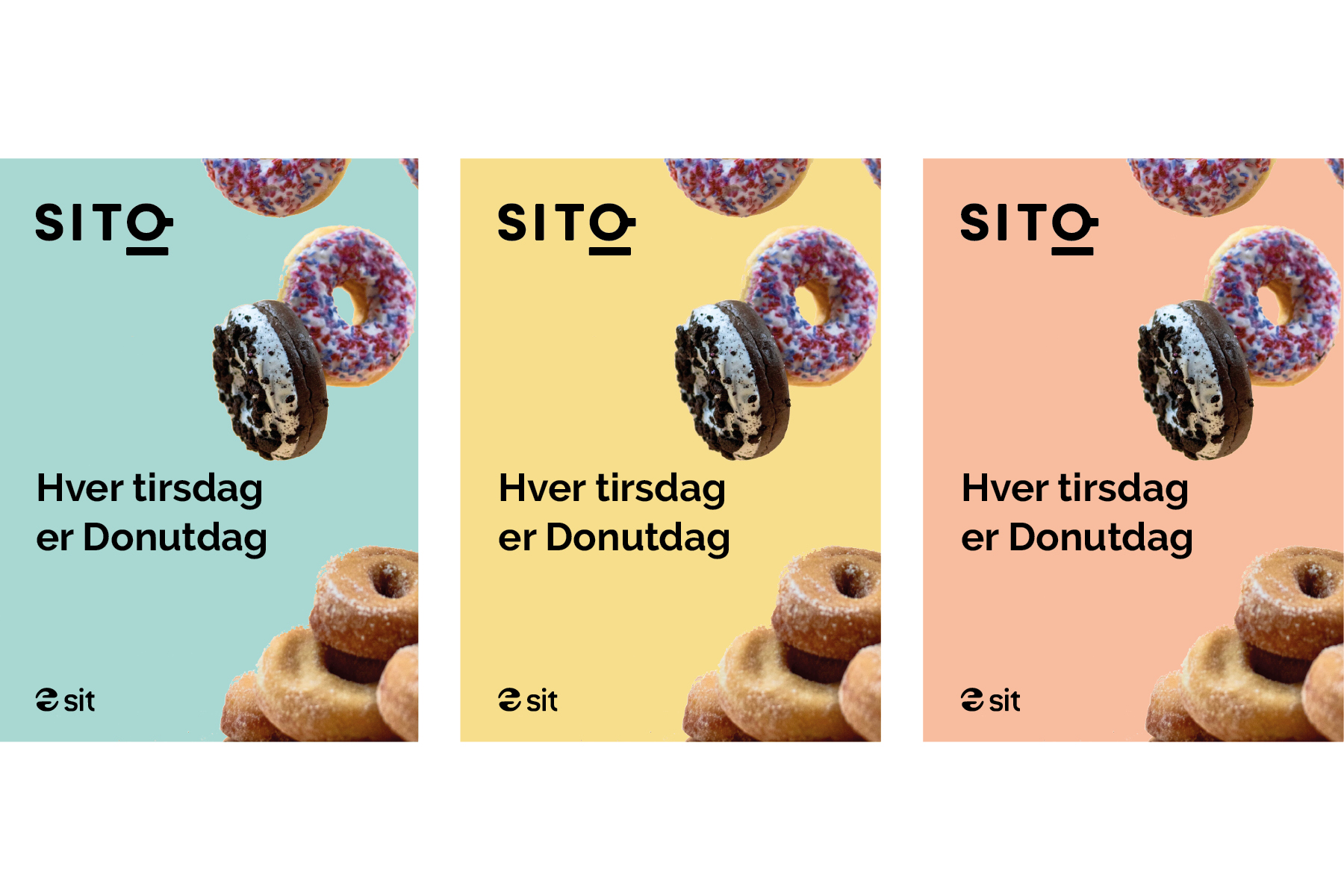 Plakater og Instagram-profil for SITO med budskapet Hver tirsdag er Donutdag