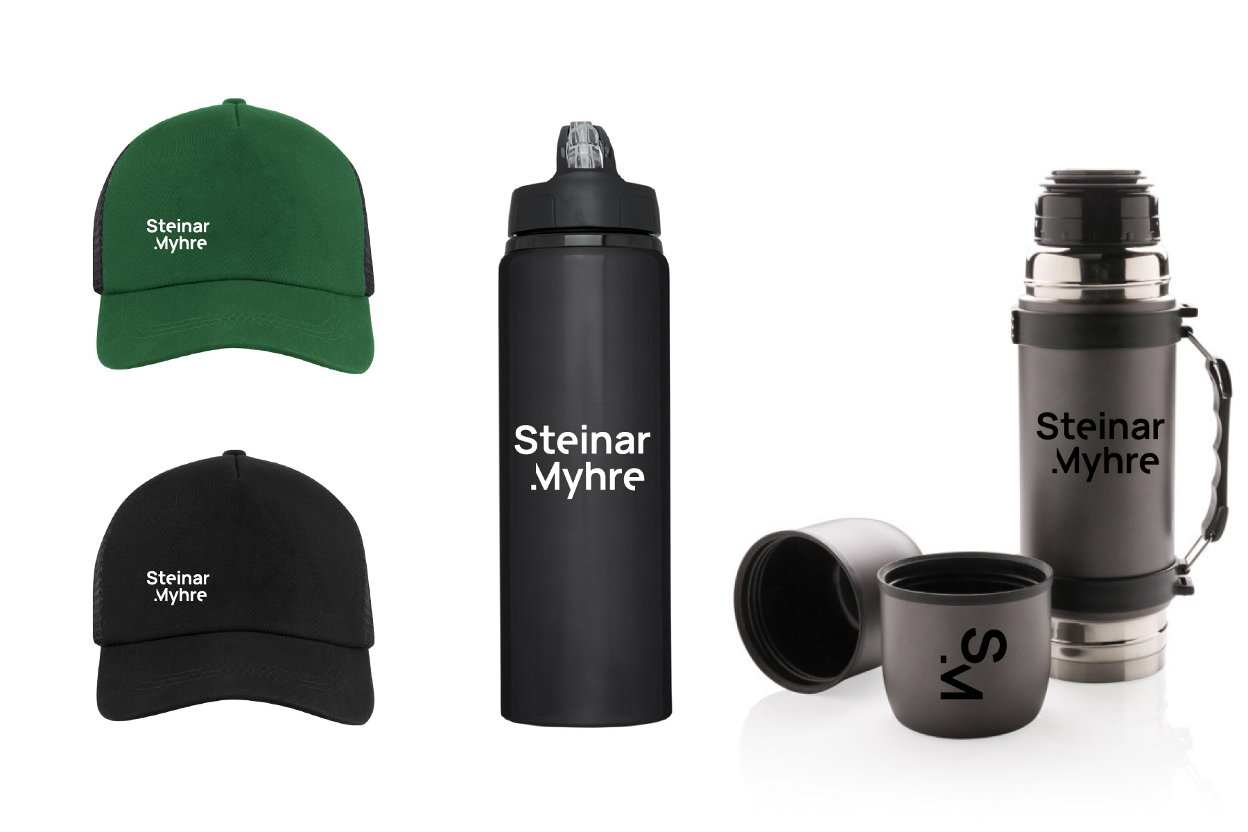 Capser, drikkeflaske og termos med logoen til Steinar Myhre