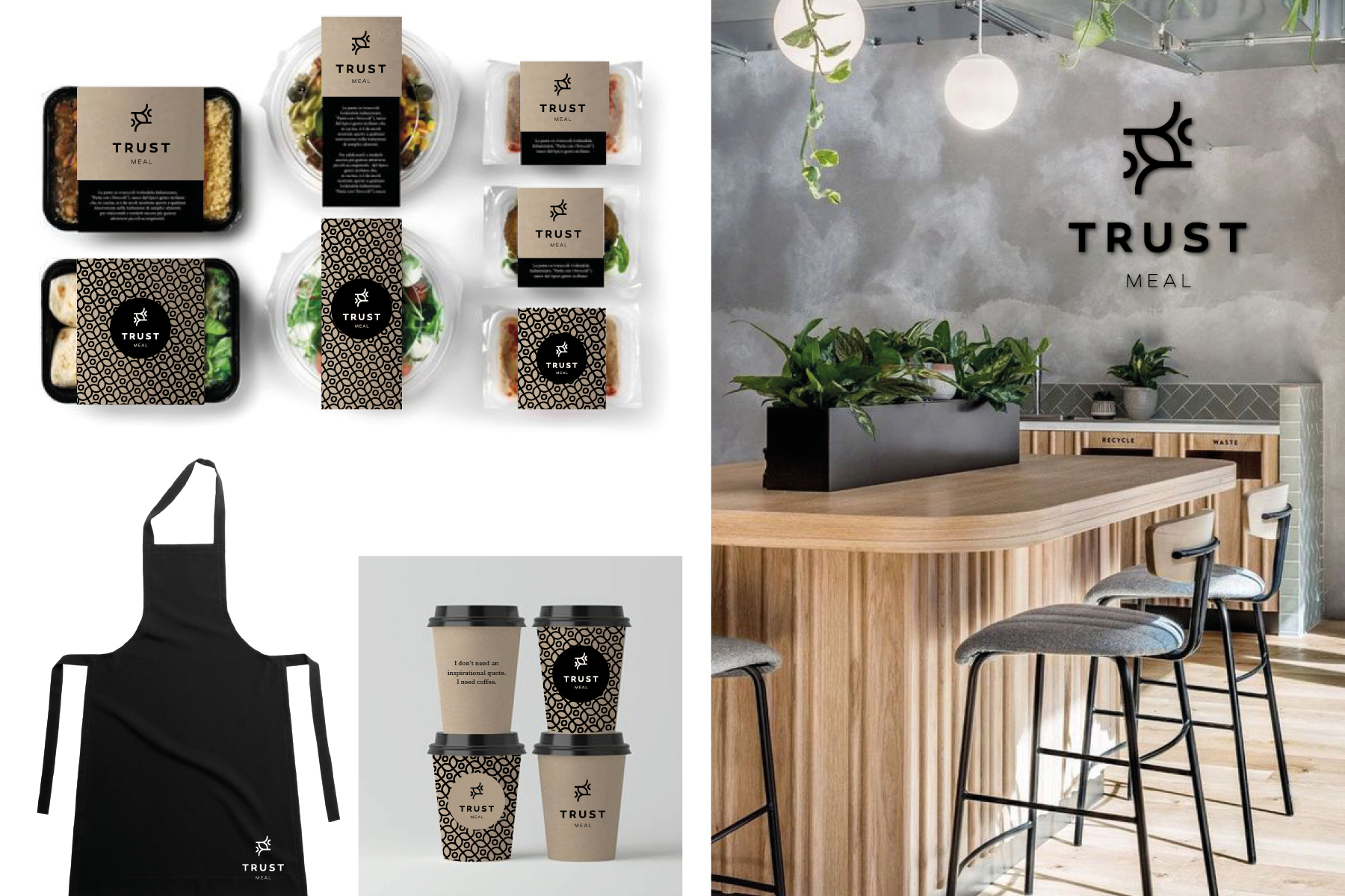 Matbokser, forkle, kaffekopper og interiør i profilen til Trust Meal