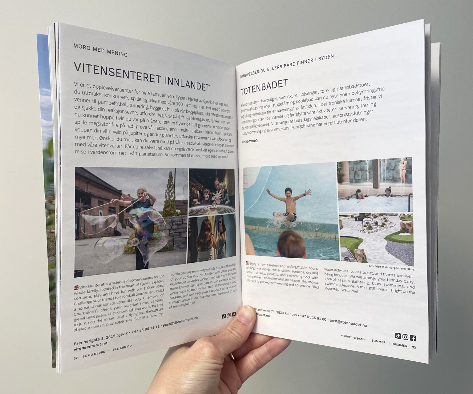 Oppslag om Vitensenteret Innlandet i turistbrosjyren 2024 for Visit Øst-Norge