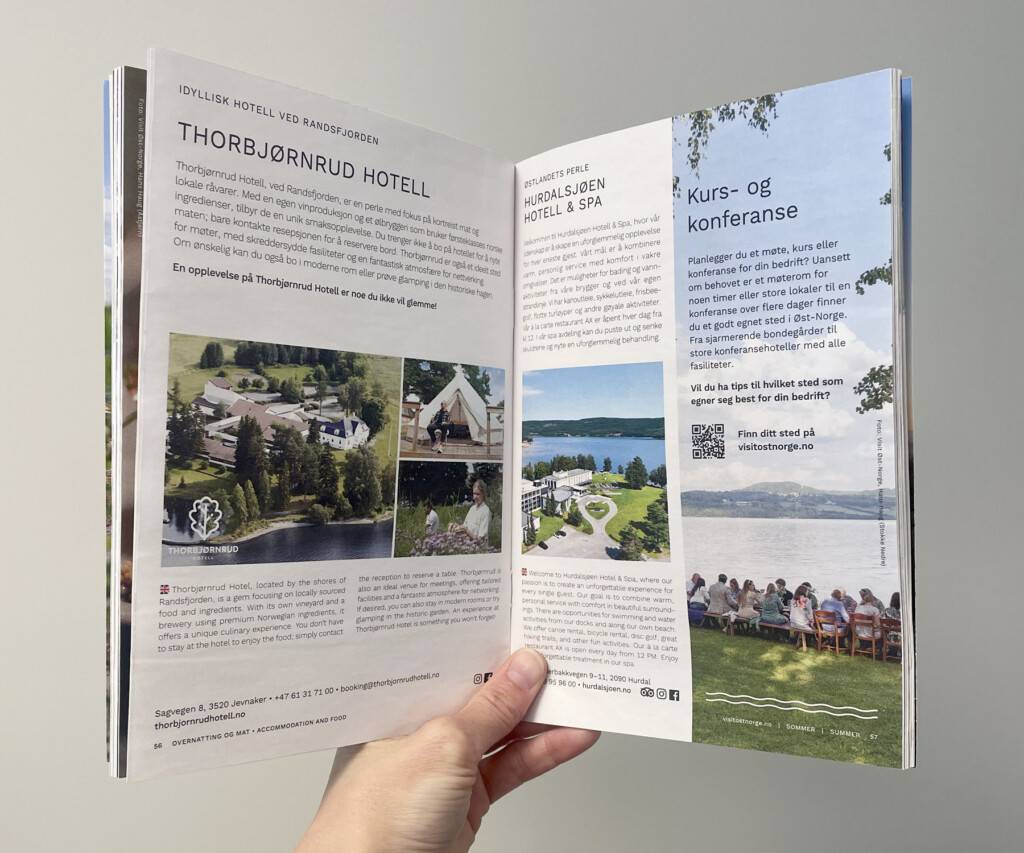 Oppslag om Thorbjørnrud Hotell i turistbrosjyren 2024 for Visit Øst-Norge