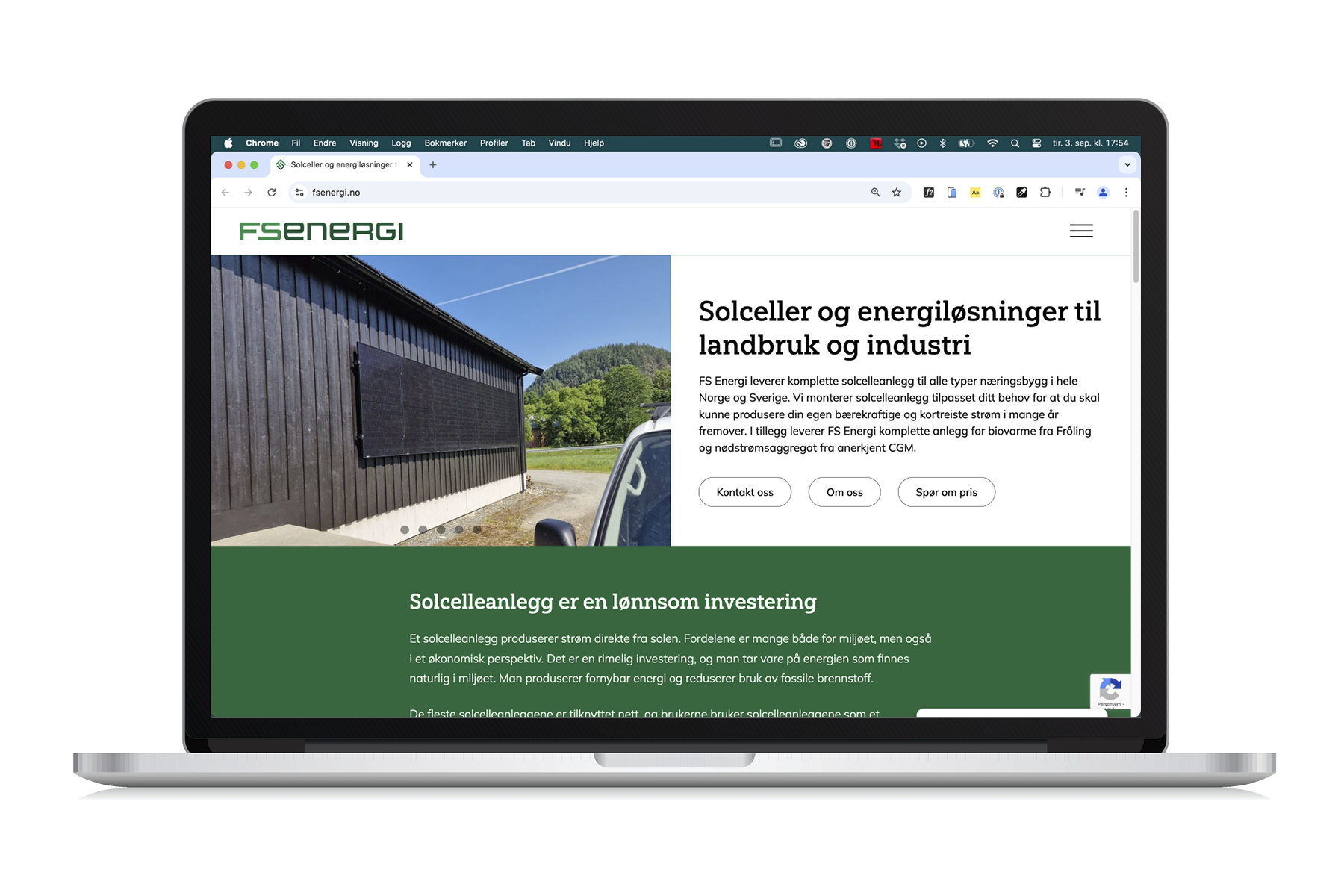 Nettsiden til FS Energi vist på bærbar PC