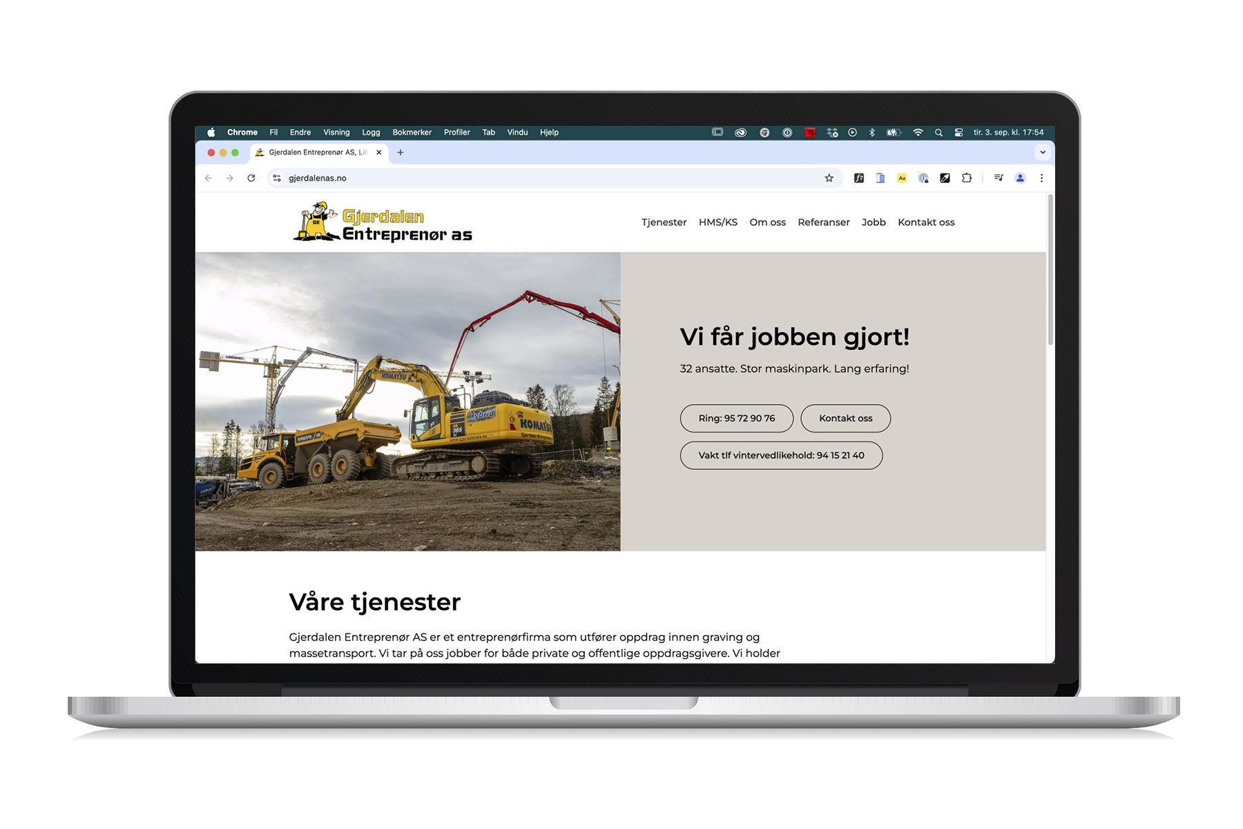 Nettsiden til Gjerdalen Entreprenør vist på bærbar PC
