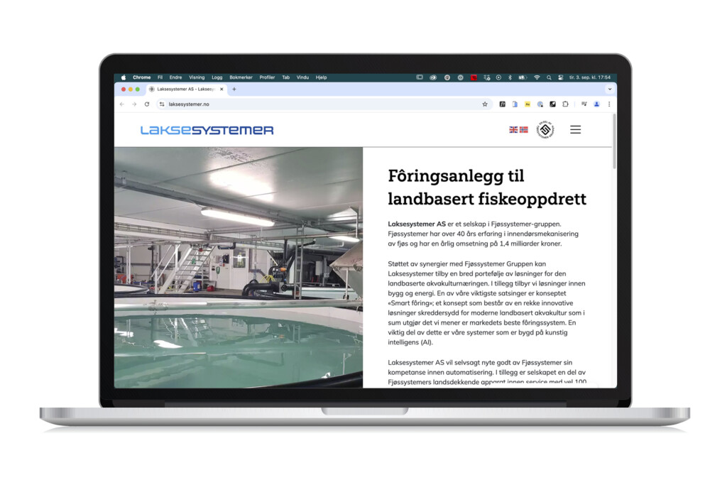Nettsiden til Laksesystemer vist på bærbar PC