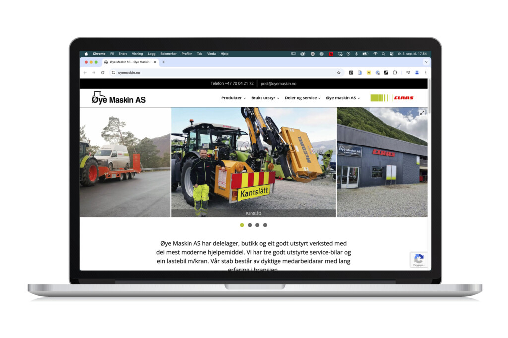 Nettsiden til Øye Maskin vist på bærbar PC