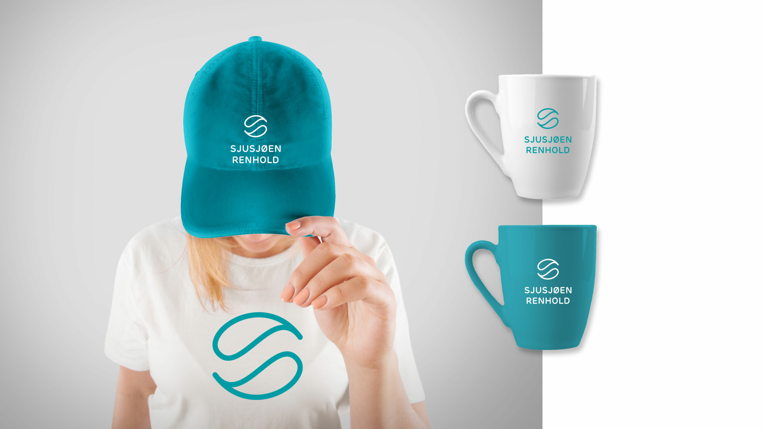 Caps og krus med logoen til Sjusjøen Renhold