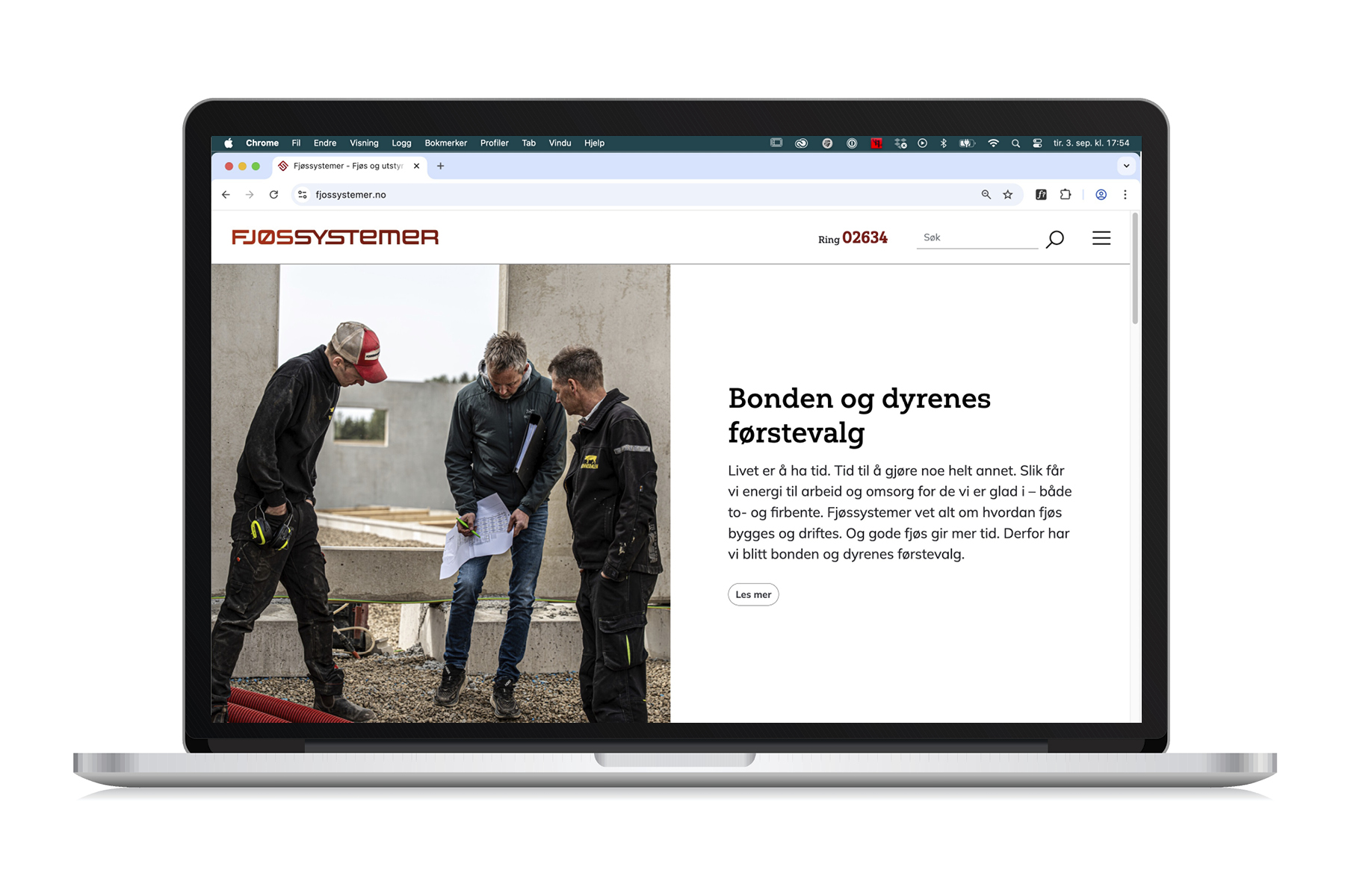 Nettsiden til Fjøssystemer vist på bærbar PC