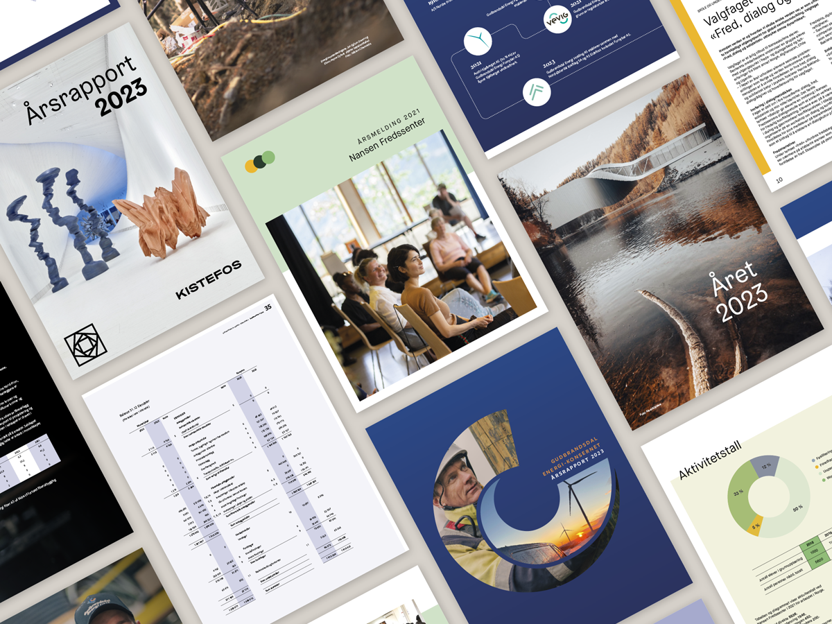 Collage av årsrapporter og årsmeldinger designet av Dialecta