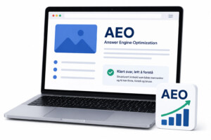 Illustrasjon av bærbar PC med AEO – Answer Engine Optimization