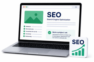 Illustrasjon av bærbar PC med SEO – Search Engine Optimization