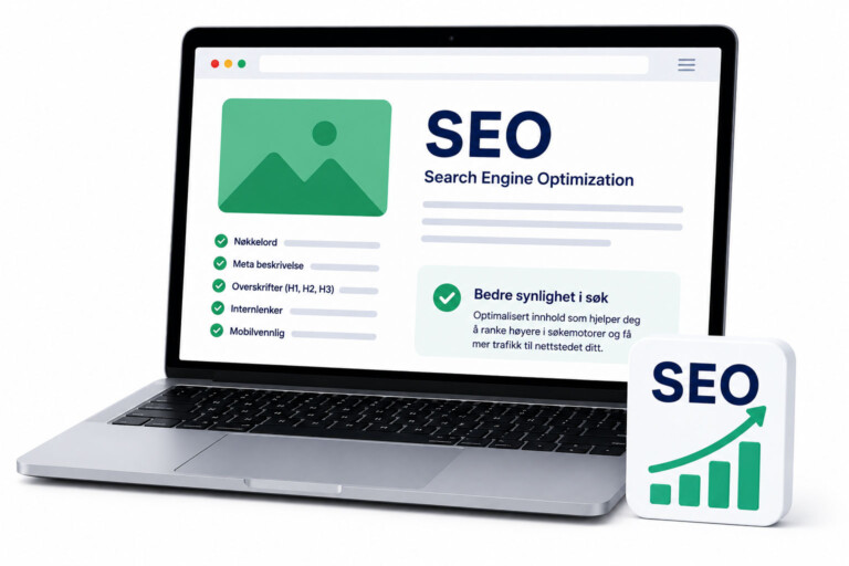 Illustrasjon av bærbar PC med SEO – Search Engine Optimization
