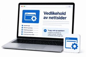 Illustrasjon av bærbar PC med vedlikehold av nettsider